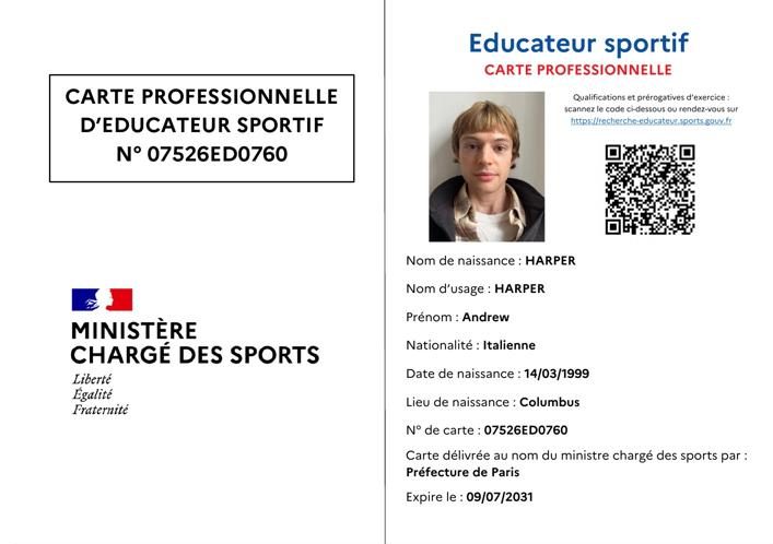 Carte professionnelle d'éducateur sportif — Andrew Harper