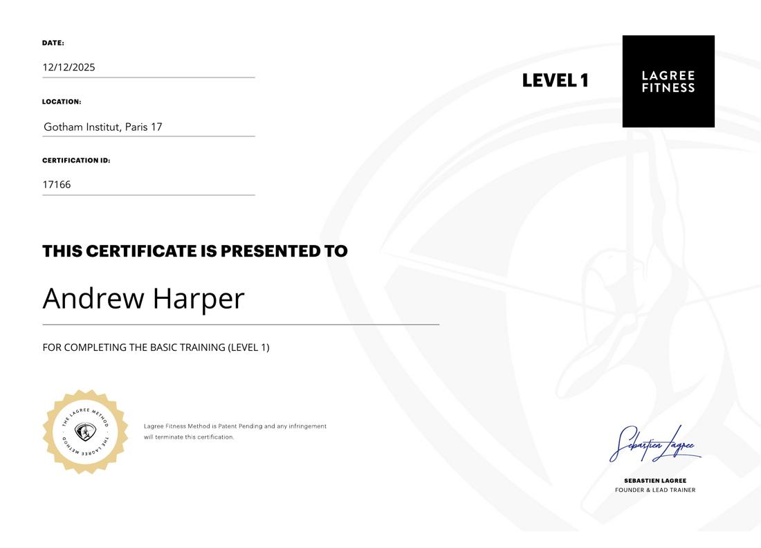 Certificat Lagree Fitness — Andrew Harper